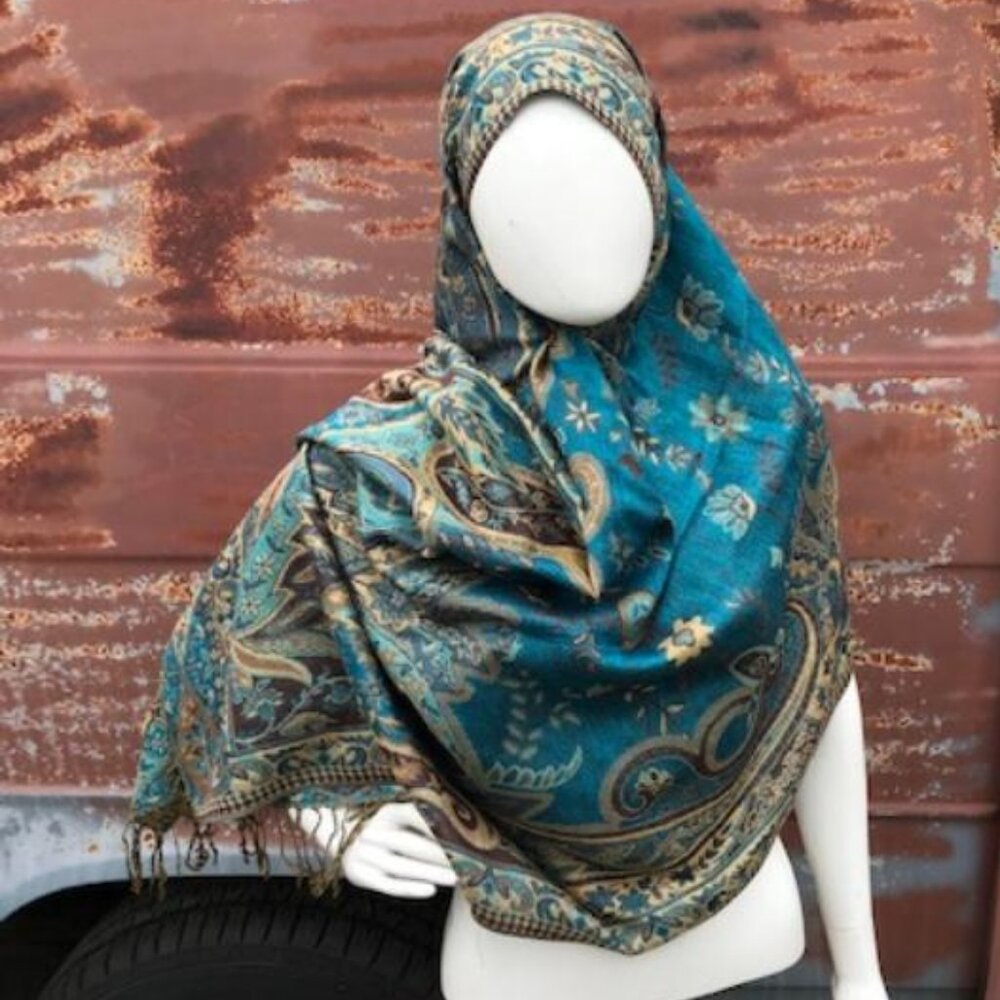 Fashion Pashmina Paisley Print Shawl Turkish Blue & Gold Shoulder Wrap Hijab